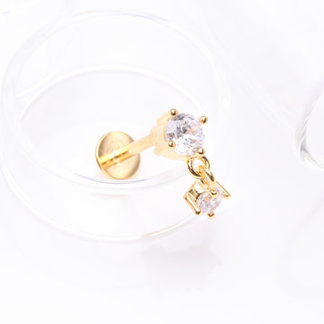Detail View 1 of Golden Brilliant Sparkle Dainty Dangle Prong Gem Top Flat Back Stud Labret-Clear Gem